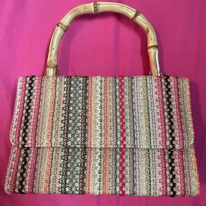 Small Handbag with Colorful Stripes and Wooden Handle